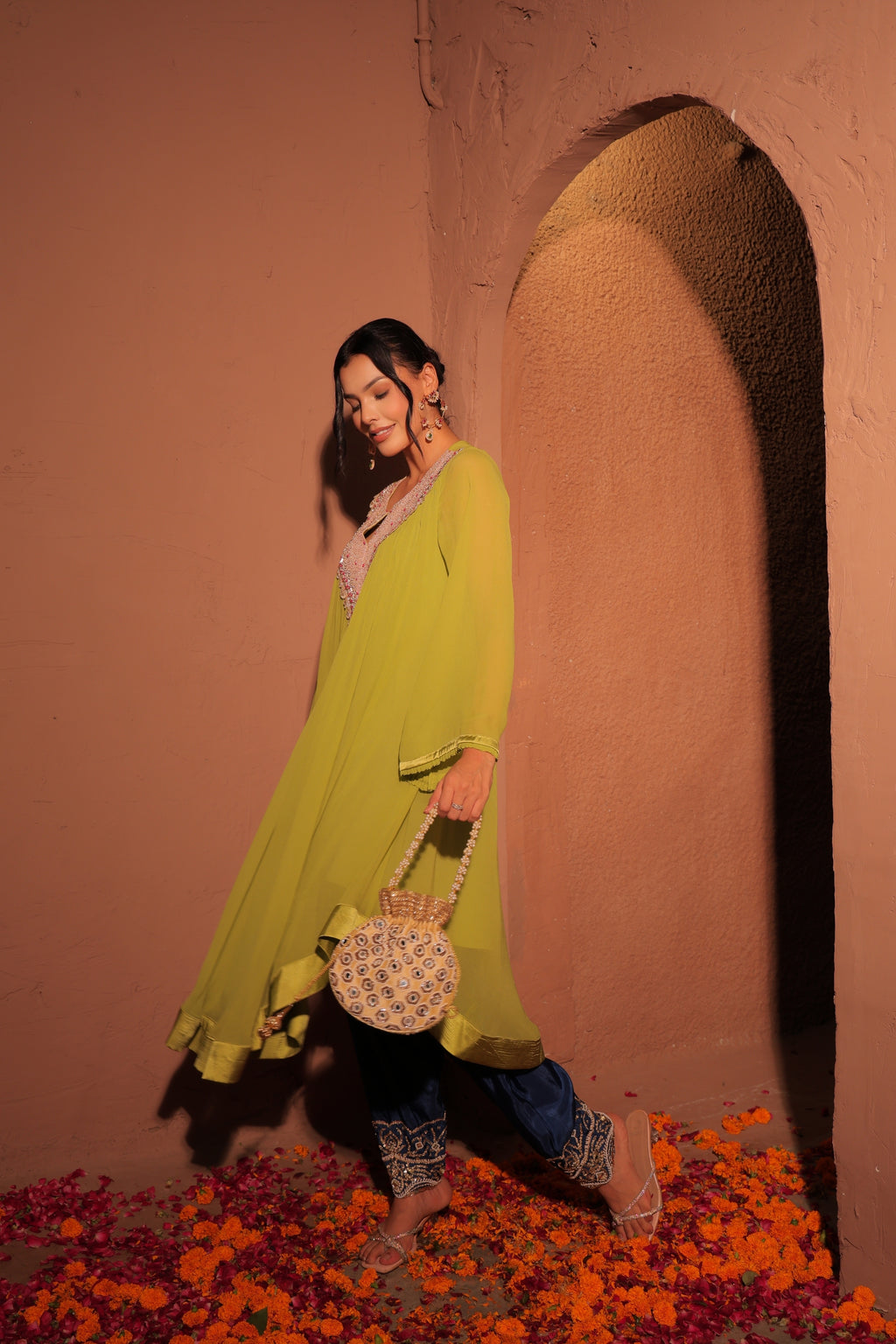 Lime Green Embroidered Kaftan Set