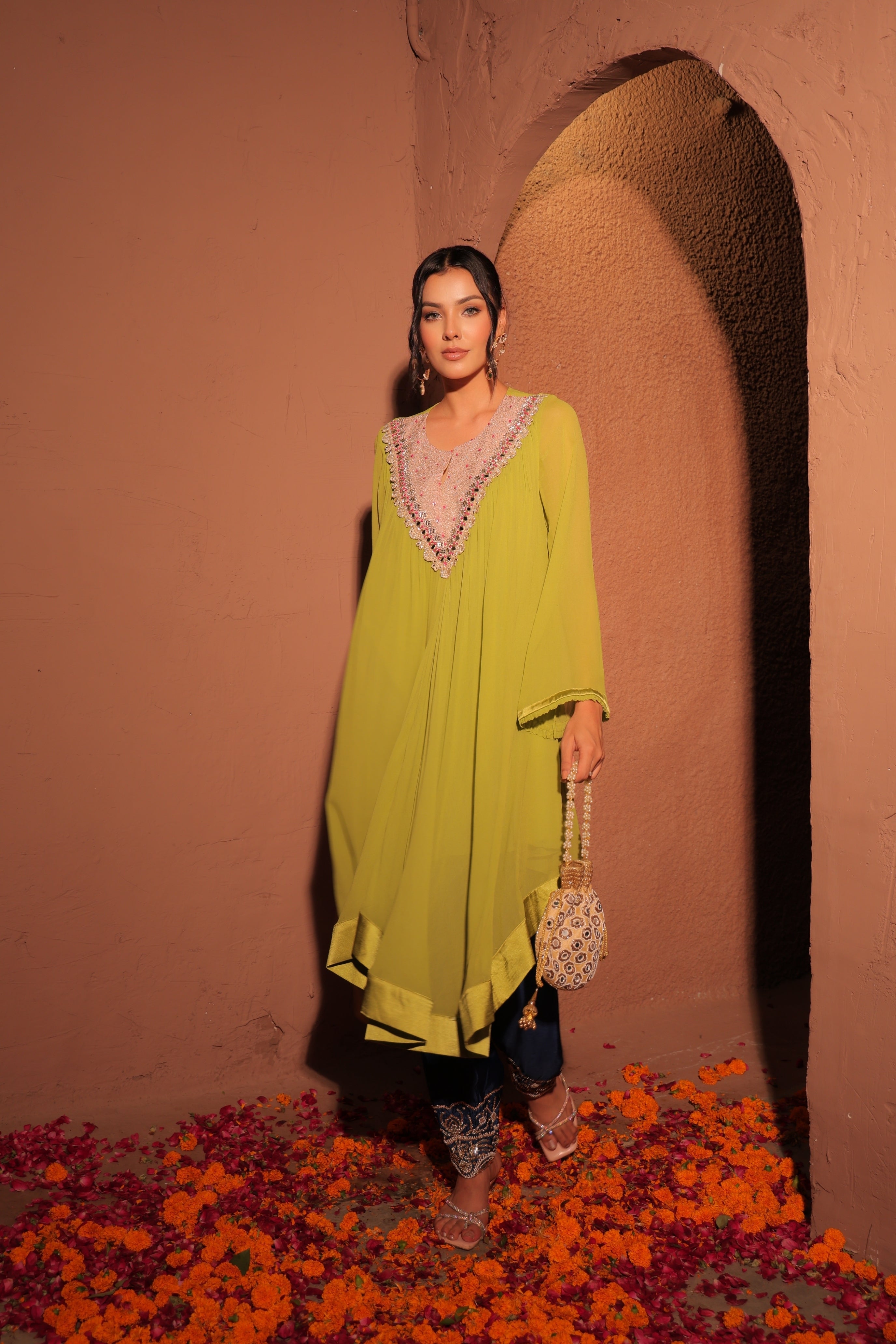 Lime Green Embroidered Kaftan Set