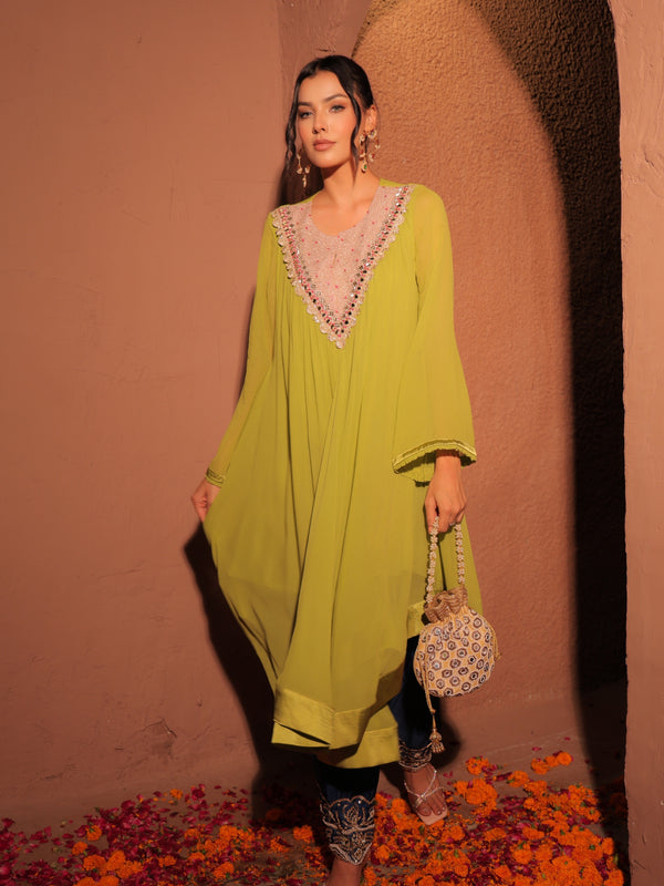 Lime Green Embroidered Kaftan Set