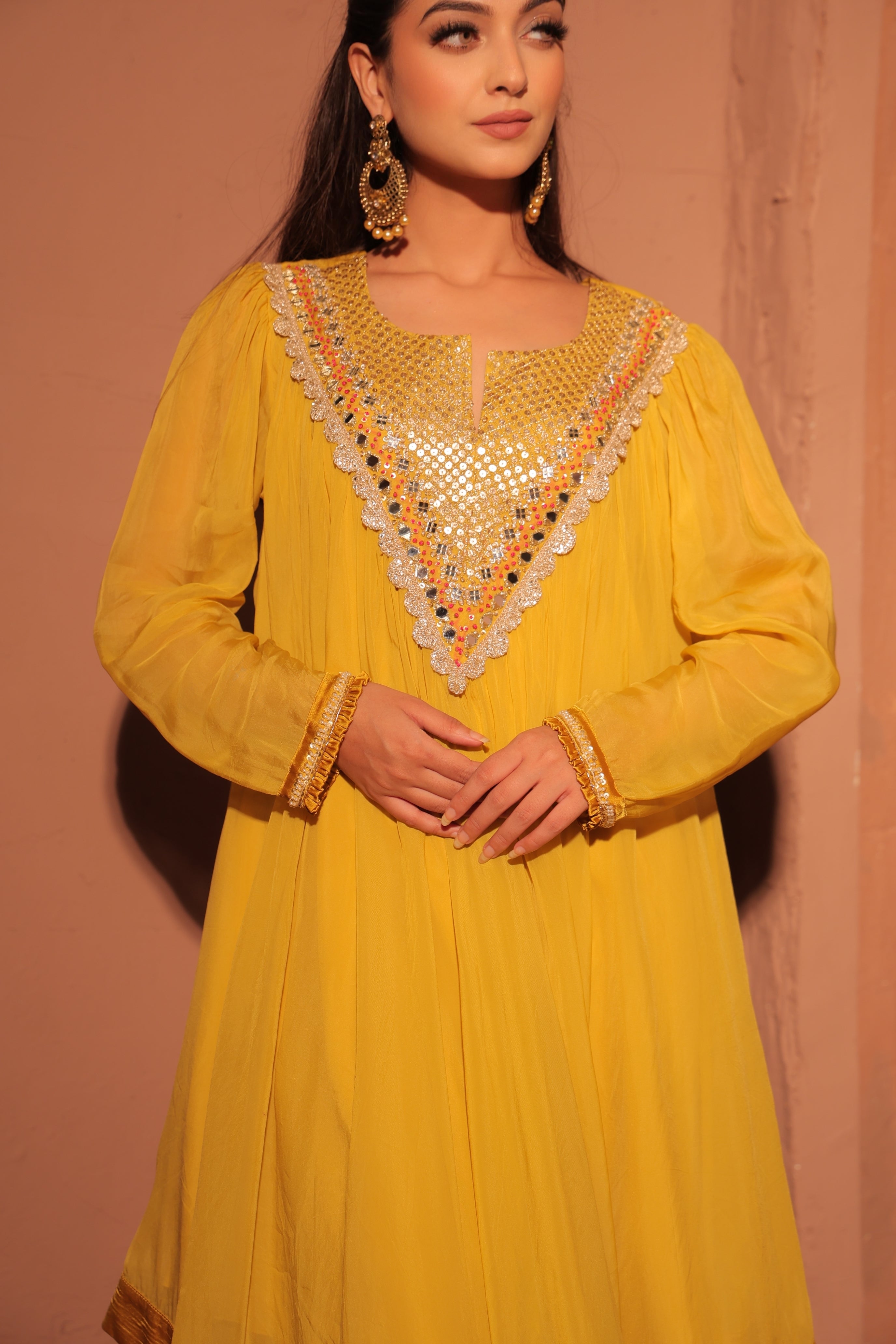 Mustard Yellow Embellished Kaftan Set