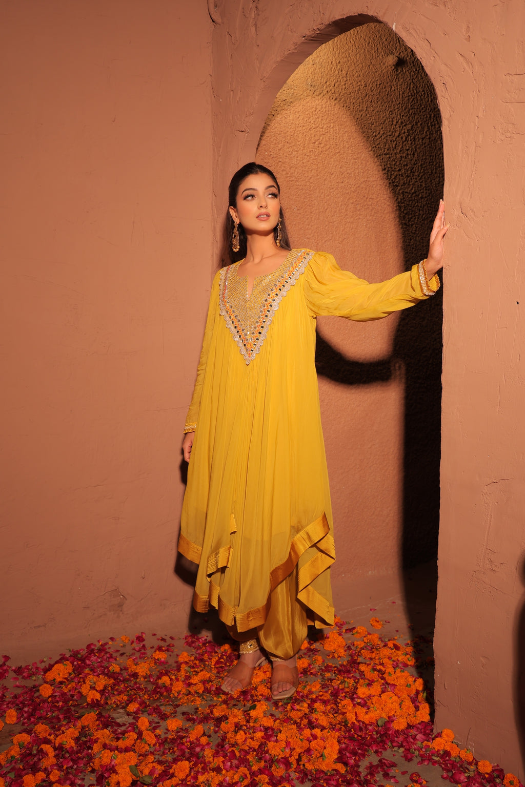 Mustard Yellow Embellished Kaftan Set