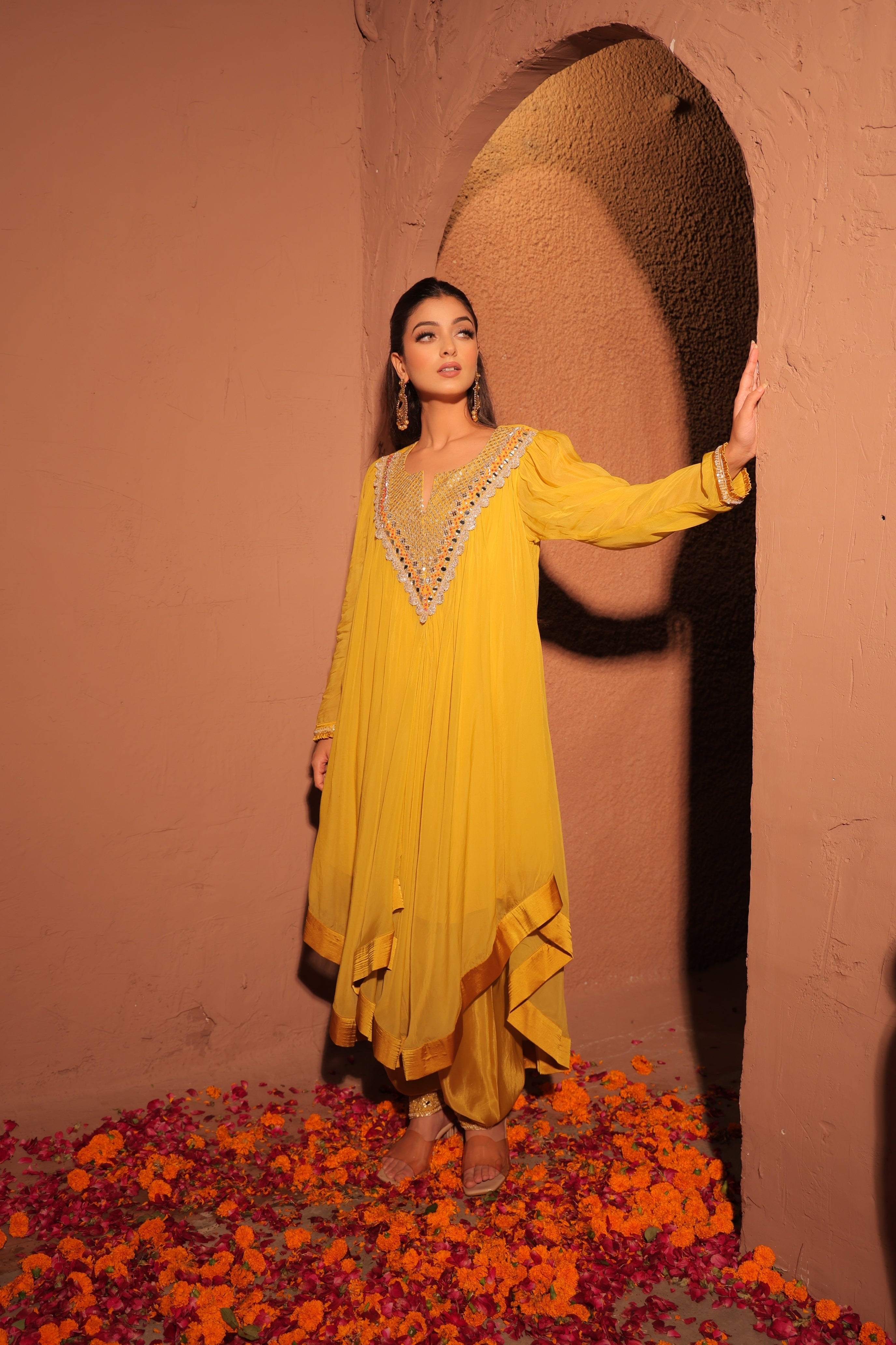 Mustard Yellow Embellished Kaftan Set