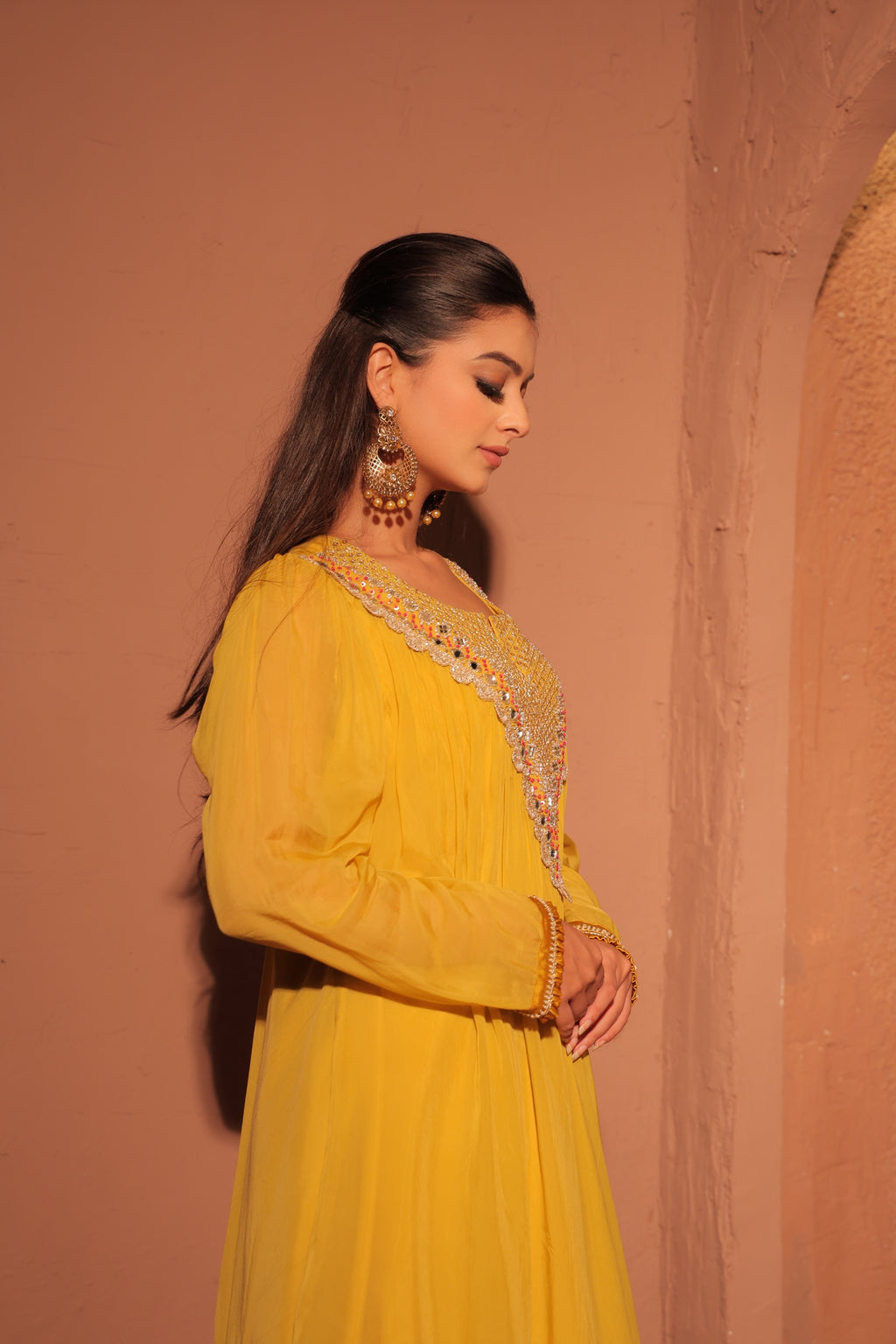 Mustard Yellow Embellished Kaftan Set