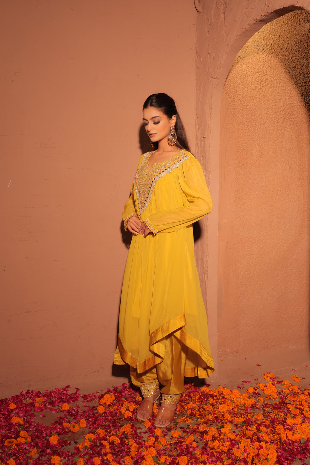 Mustard Yellow Embellished Kaftan Set