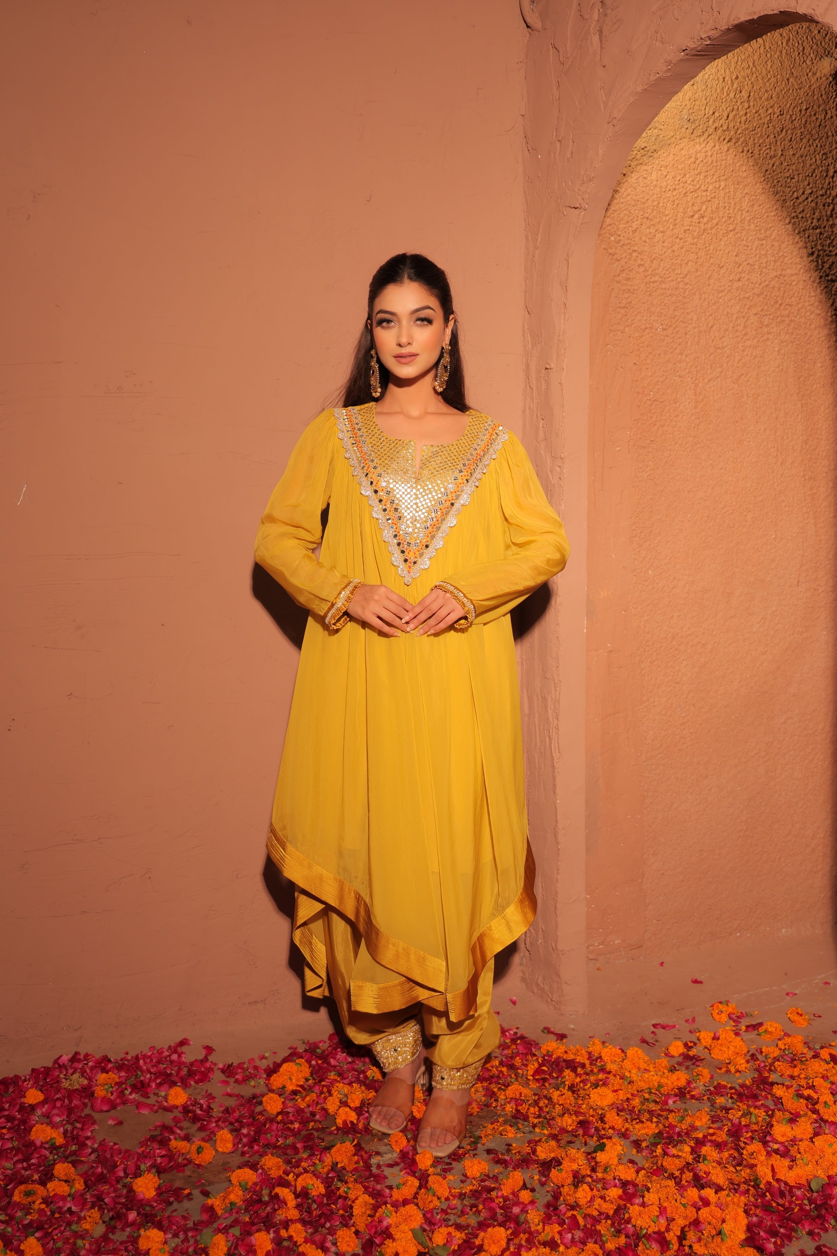 Mustard Yellow Embellished Kaftan Set