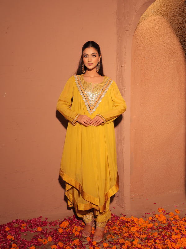 Mustard Yellow Embellished Kaftan Set