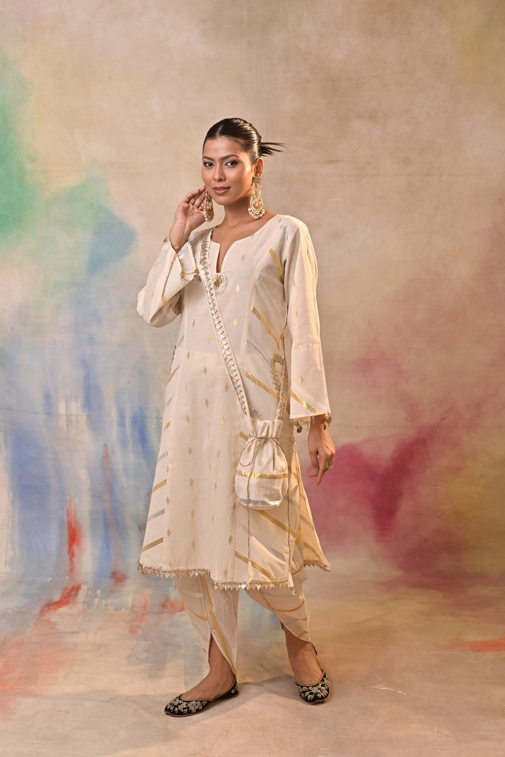 Ivory Gold Angrakha Kurta Set