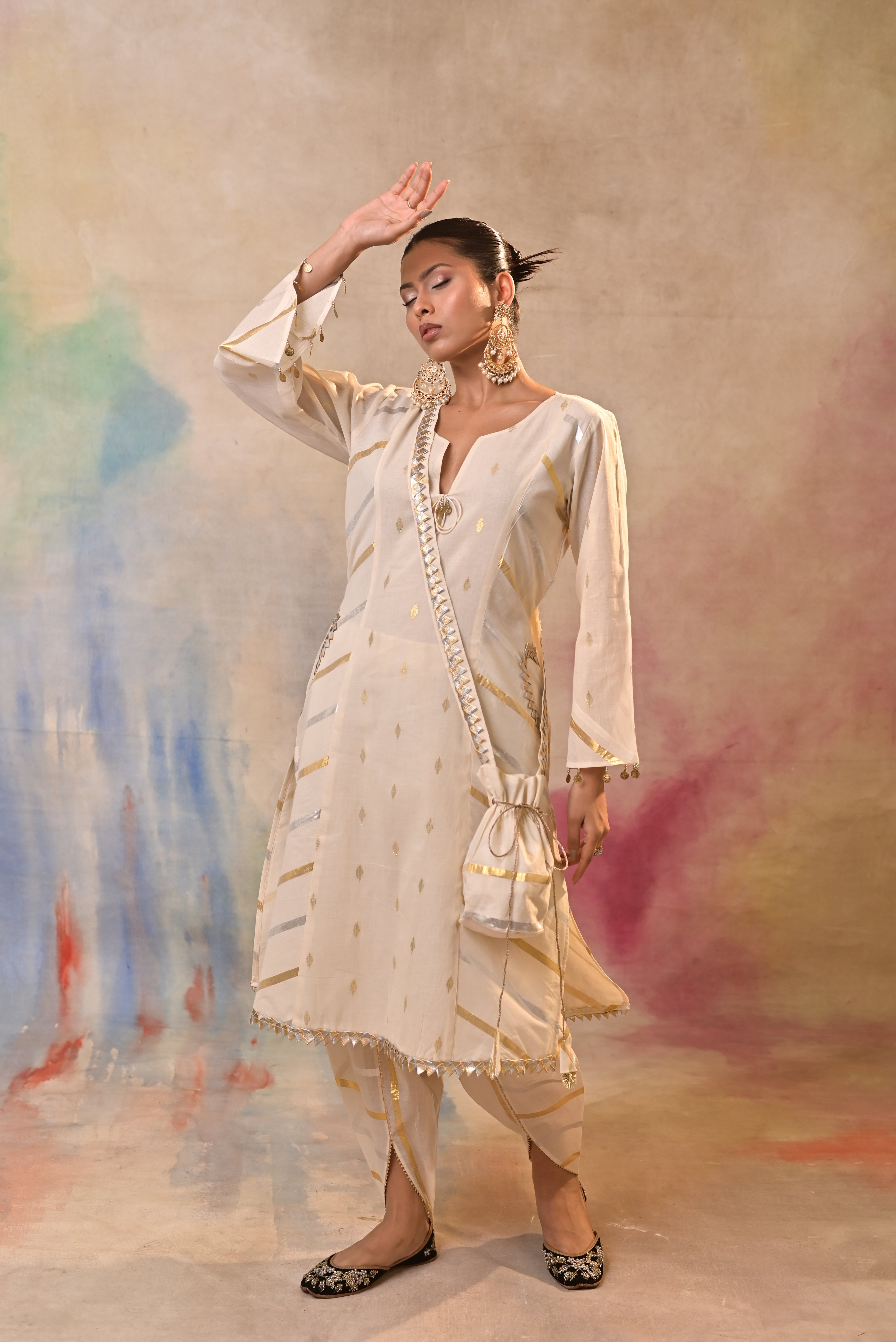 Ivory Gold Angrakha Kurta Set