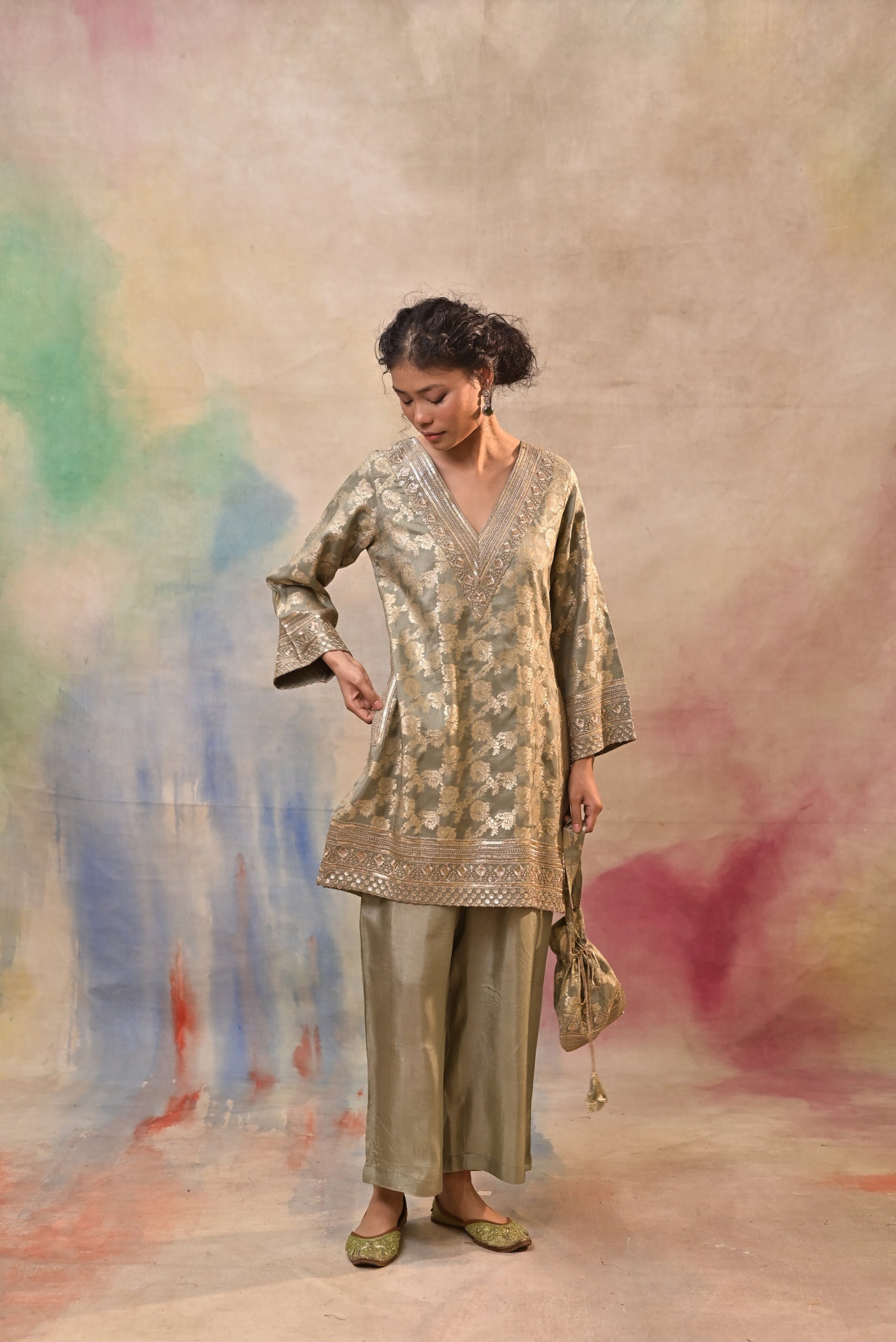 Olive Green Brocade Co-ord Set