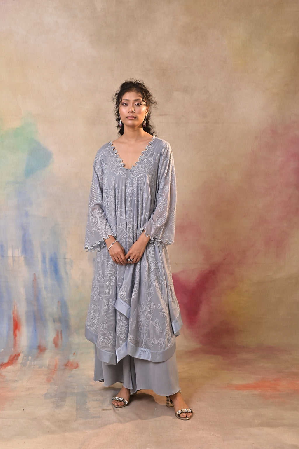 Mist Grey Printed Indo Western Set