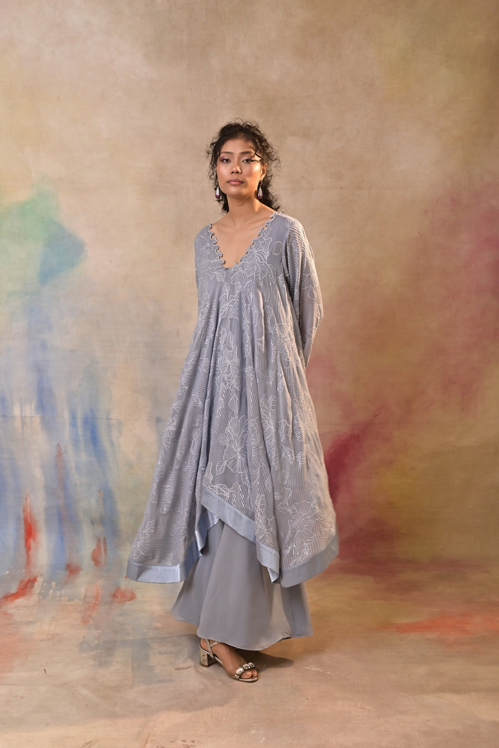 Mist Grey Printed Indo Western Set