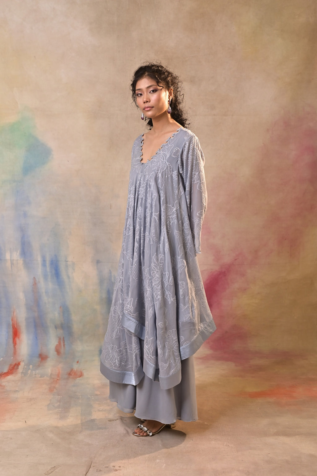Mist Grey Printed Indo Western Set