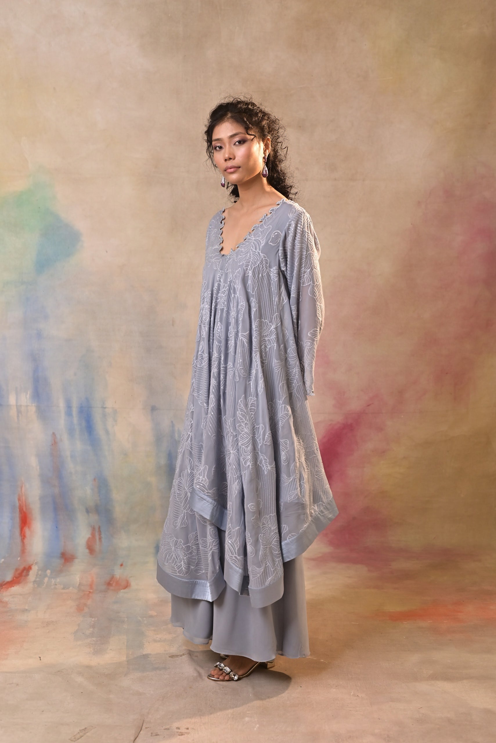 Mist Grey Printed Indo Western Set