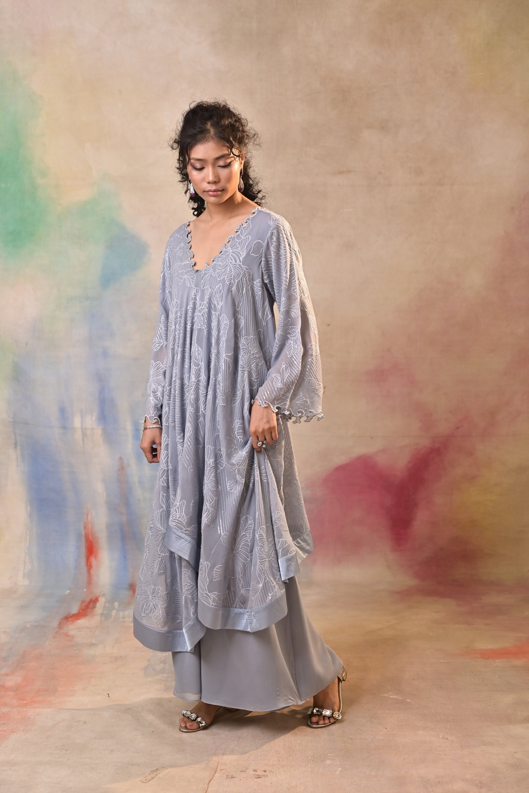 Mist Grey Printed Indo Western Set