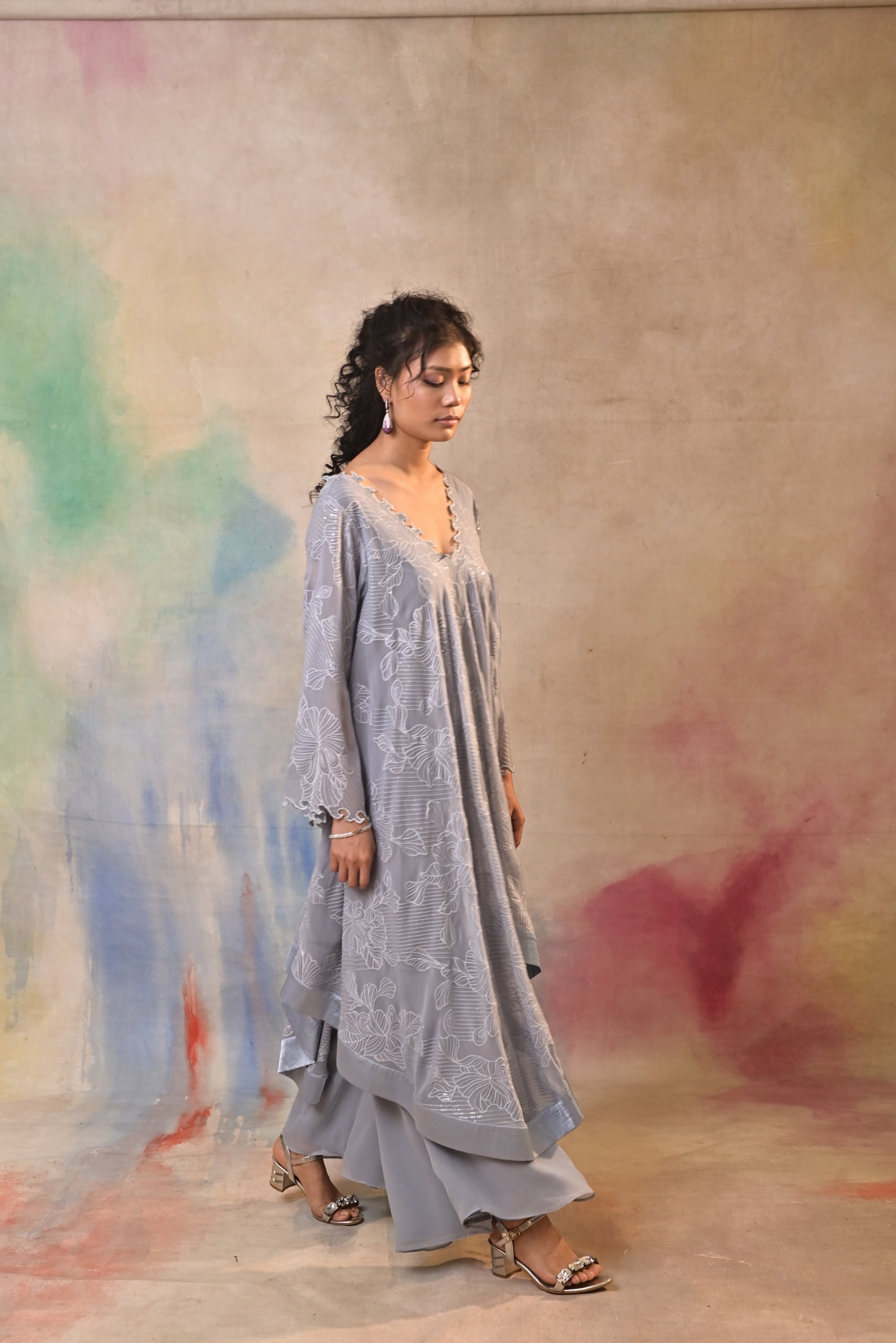 Mist Grey Printed Indo Western Set