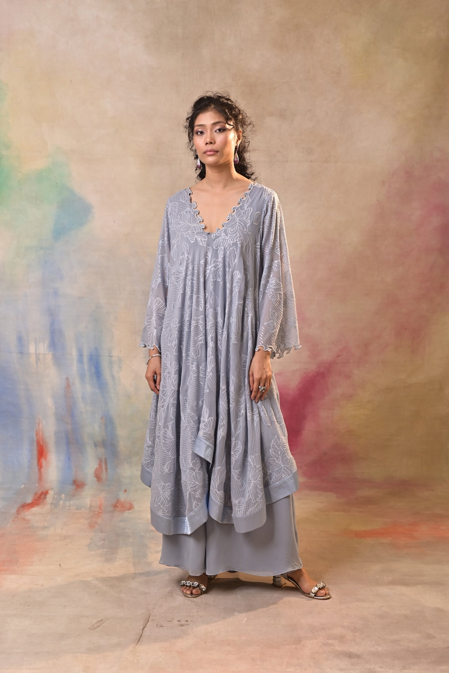 Mist Grey Printed Indo Western Set