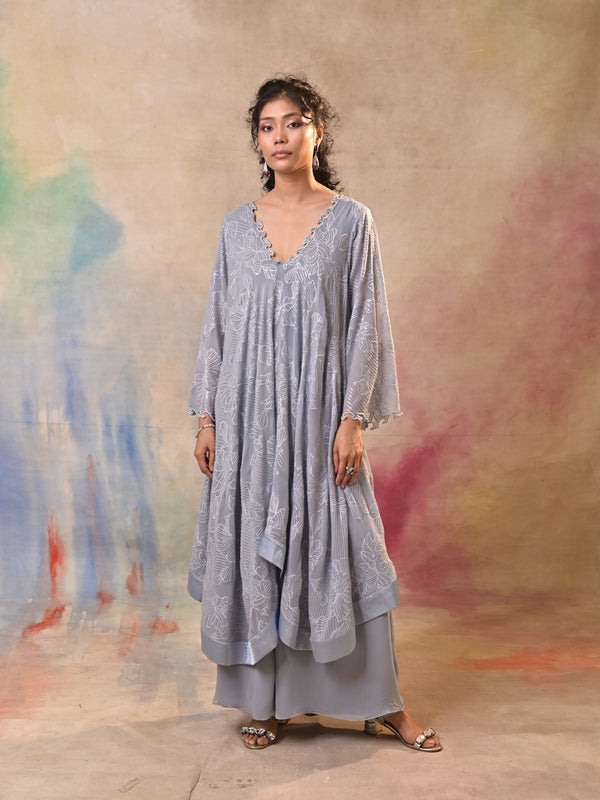 Mist Grey Printed Indo Western Set