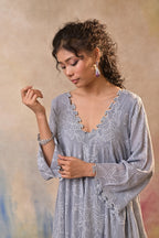 Mist Grey Printed Indo Western Set