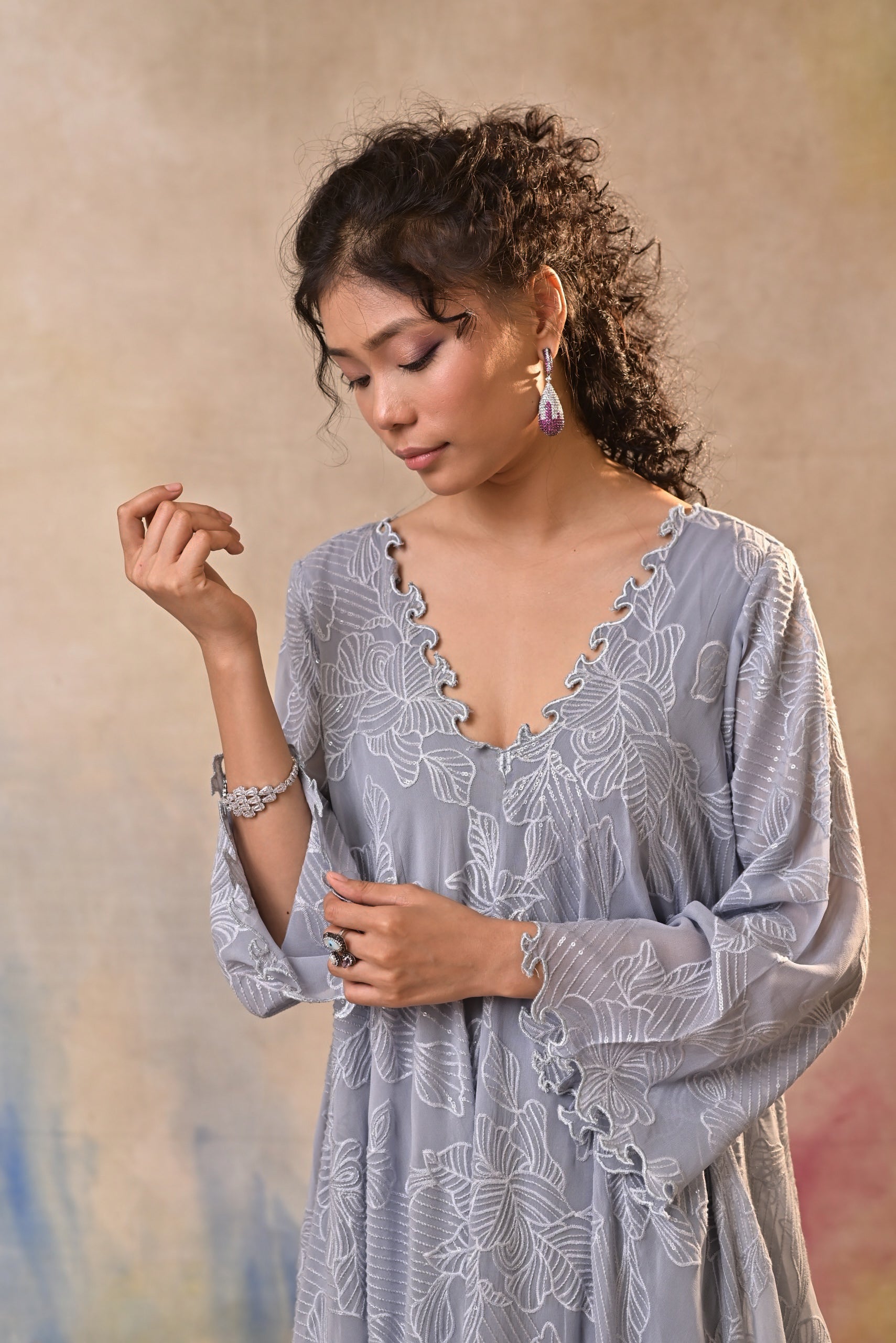 Mist Grey Printed Indo Western Set