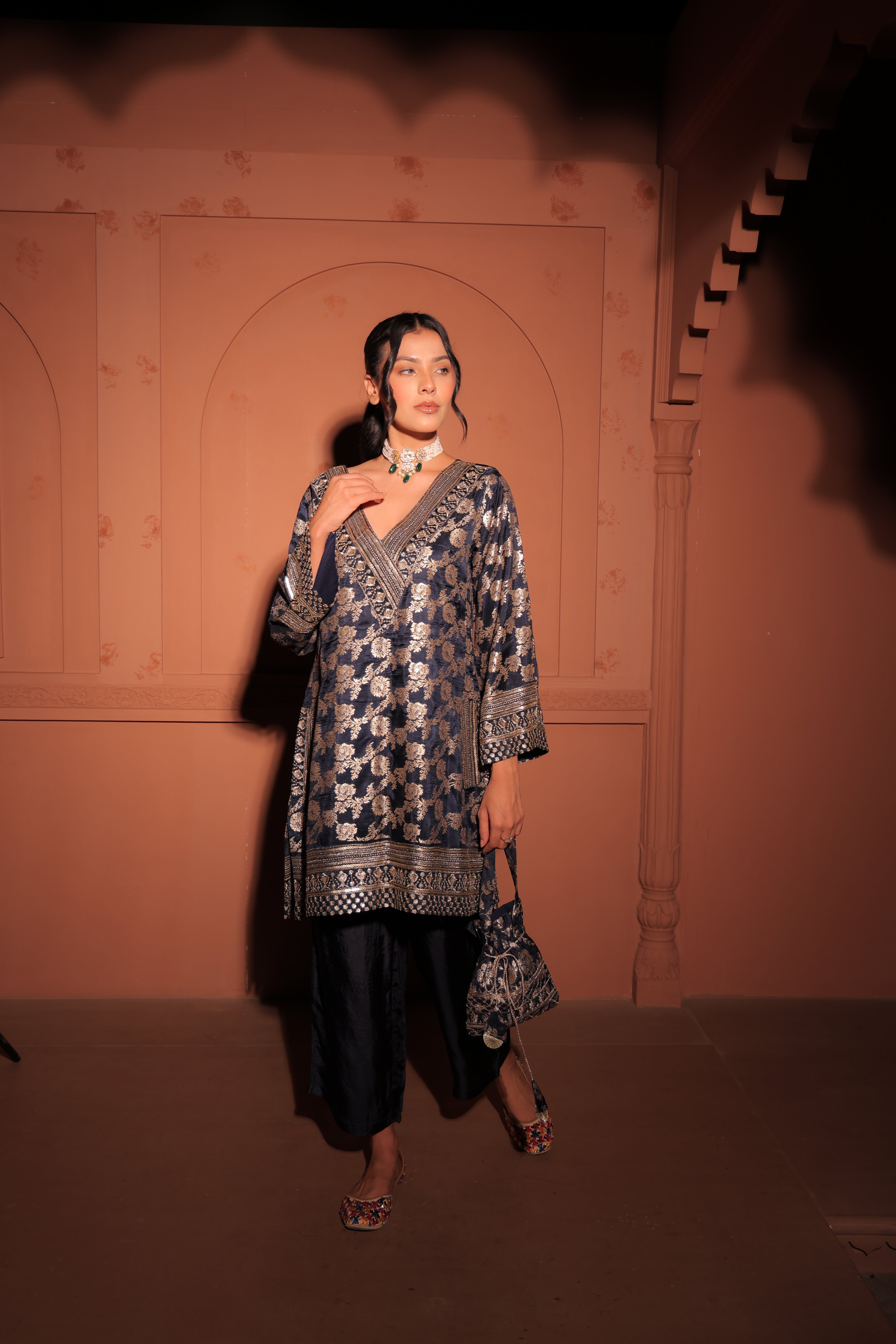 Navy Blue Brocade Co-ord Set