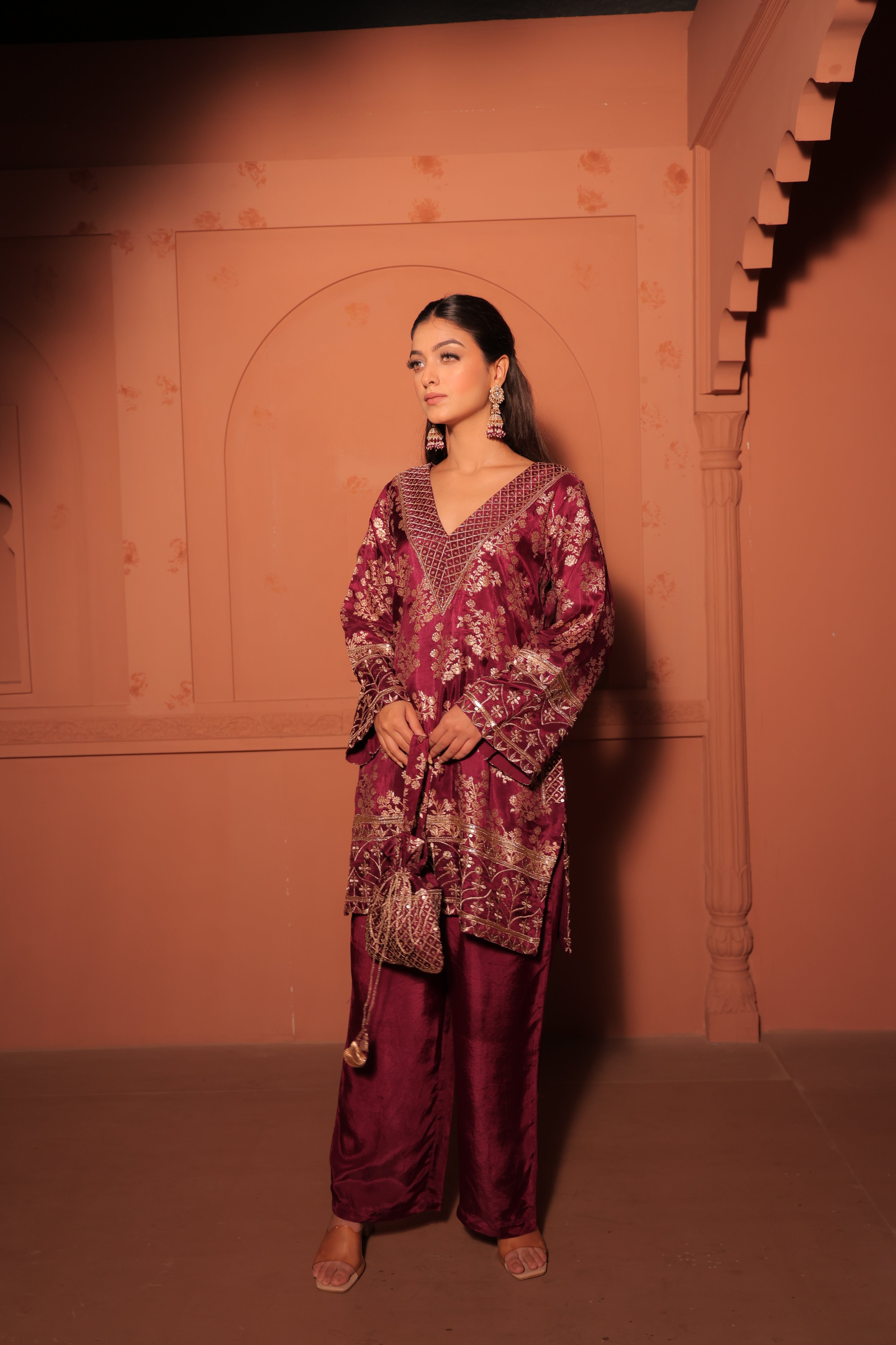 Wine Brocade Co-ord Set