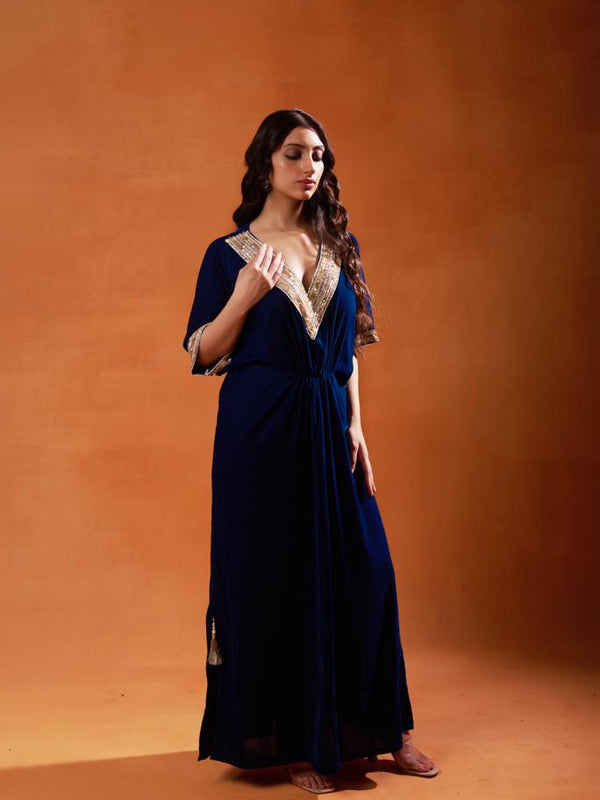Midnight Blue Velvet Kaftan Set