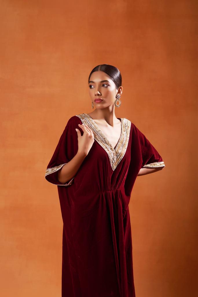 Ruby Red Velvet Kaftan Set