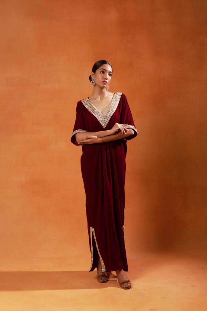 Ruby Red Velvet Kaftan Set