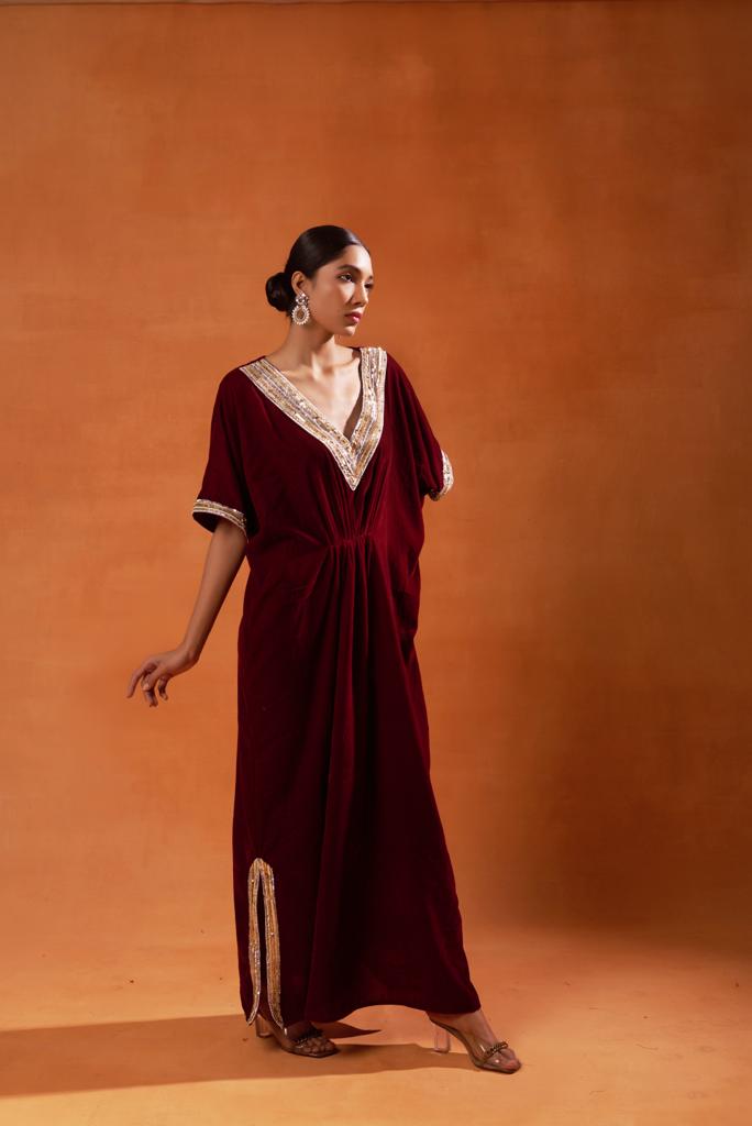 Ruby Red Velvet Kaftan Set