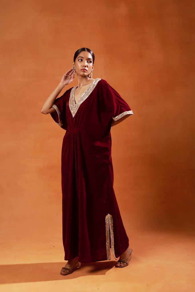 Ruby Red Velvet Kaftan Set